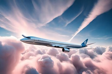 /imagine A sleek, silver passenger jet soaring through a cotton candy sky, leaving behind a trail...