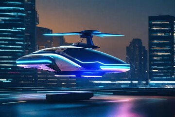 A futuristic air taxi taking off vertically from a rooftop helipad, offering commuters a seamless transition between urban destinations. - obrazy, fototapety, plakaty