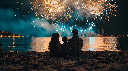 Family sitting on beach at night watching New Years Fireworks, Generative Ai

