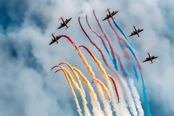 A formation of acrobatic stunt planes leaving colorful smoke trails in their wake as they perform intricate maneuvers at an airshow, dazzling spectators below. - Powered by Adobe