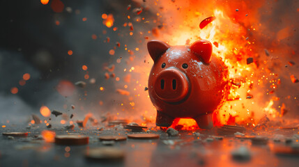 Financial Crisis Exploding Broken Piggy Bank Savings Money Economy Recession Collapse Disaster, Generative Ai

