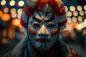 Fotografía expresiva de hombre con máscara japonesa, tétrico, fotografía artística, alto contraste - obrazy, fototapety, plakaty