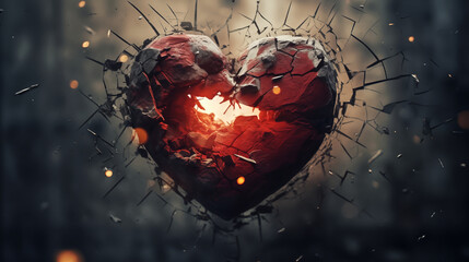 Broken Heart, an abstract image of a broken heart, hardcore style background, feeling unhappy in love, broken heart, sad, depressed, regret with belove one. Human's feeling, Emotional abstract image w