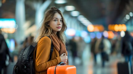 A beautiful young woman with blonde hair standing in an airport hall next to her orange suitcase, and wearing a backpack. Pretty lady waiting for a commercial airplane flight to travel the world