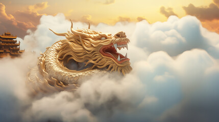 Chinese dragon dancing on the clouds, and Chinese gold dragon with translucent texture, cosmic art, swirls, anime aesthetics, furry art and elaborate - obrazy, fototapety, plakaty