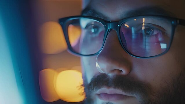 A closeup of a workers face lit up by the glow of their computer screen as they engage in an online training course representing the continuous learning culture in the manufacturing
