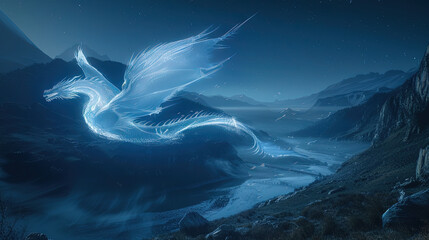 ilustración ultra realista de un dragón chino volando, en un paisaje con un río en el medio y montañas a los lados, de noche, al atardecer - obrazy, fototapety, plakaty