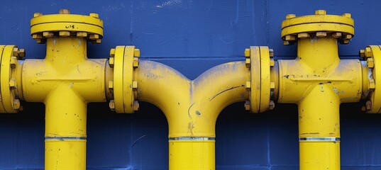 Gas pipelines and valves at distribution station under blue sky, industrial setting with text space.