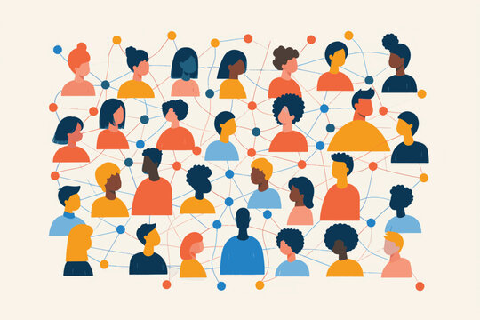 Large group of simple people shapes connected by lines