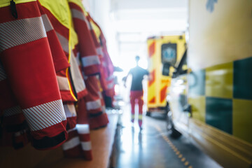 Selective focus on paramedic uniform of emergency medical service. Paramedic running to ambulance car. Themes emergency medicine, rescue, and emergency help.. - obrazy, fototapety, plakaty