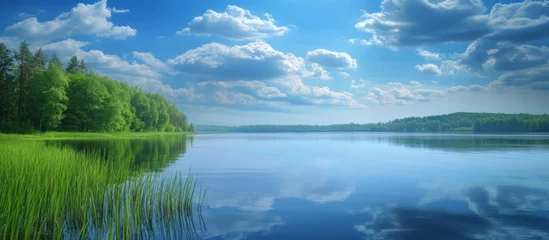 Papier Peint photo Lavable Réflexion A serene lake surrounded by trees, reflecting the blue sky with fluffy clouds in its crystalclear water. A picturesque natural landscape