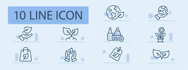 Ecology set line icon. Plant, sprout, tag, hands, planet, nature, pot. Pastel color background. Vector line icon for business and advertising