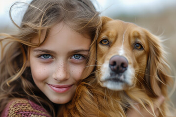 Adorable foto de una niña abrazando a su perro al aire libre - obrazy, fototapety, plakaty