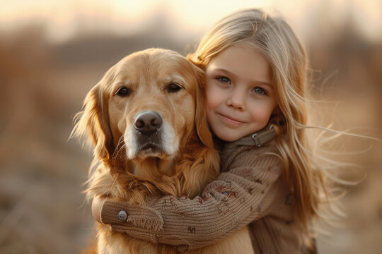 Adorable foto de una niña abrazando a su perro al aire libre