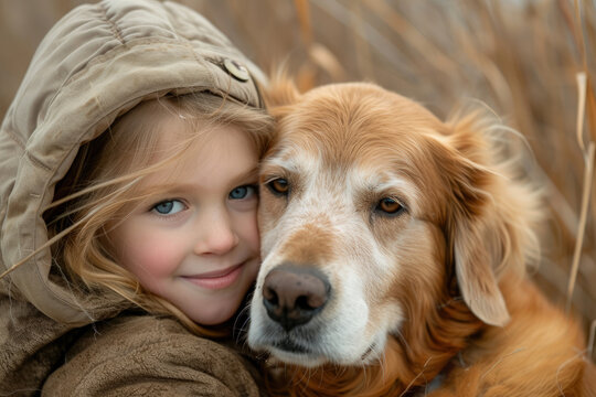 Adorable foto de una niña abrazando a su perro al aire libre
