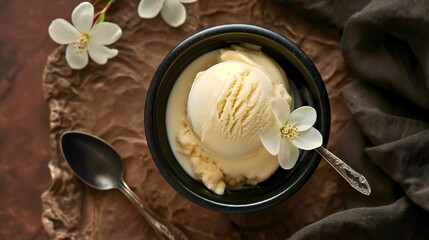 Above top view of a vanilla ice cream and vanilla flower in a black bowl placed on a wooden kitchen table. Cold and refreshing healthy dessert in the summer, spoon inside the bowl, frozen scoop
