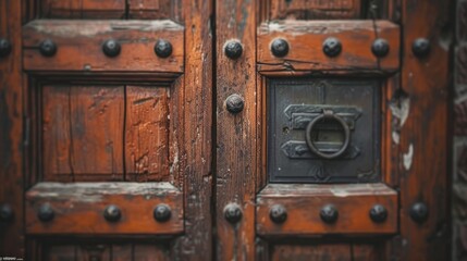Close-up of an entrance wooden door with a rustic exterior, Generative AI