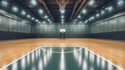 Empty basketball gym, artificial lighting illuminating the hardwood parquet floor with thick white lines. Hoop, backboard and net placed in a public school sports indoor playground - obrazy, fototapety, plakaty