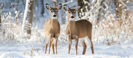 Beautiful winter scenery with two majestic deers standing peacefully in the snowy forest