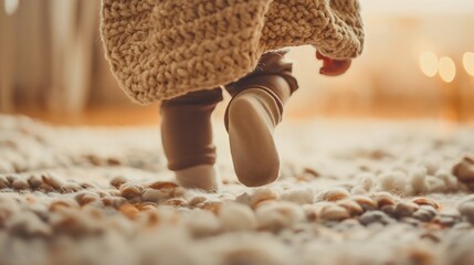 Low angle rearview of a female baby walking on a soft carpet on the floor in a house or home, newborn infant or toddler child first steps, learning how to walk. Indoors girl development - obrazy, fototapety, plakaty