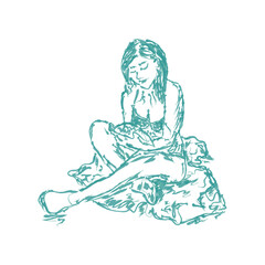 A woman in a swimsuit reads a book. Vector image of turquoise color in sketch style