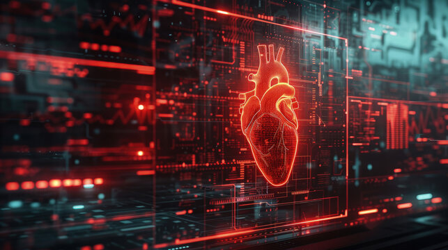 imagen médica que muestra una forma de corazón y otras partes, al estilo de temas futuristas, cardiopatías y enfermedades del corazón