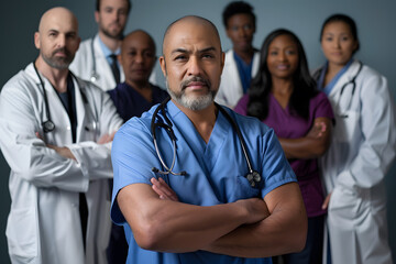 Team of doctors in the hospital. Portrait of multiracial medical professionals doctors and nurses 