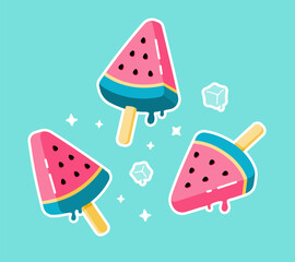 Set of watermelon ice cream stickers. Fruit popsicle. Fruit ice on stick. Cute stars. Melting ice cubes. Bright summer cartoon prints in pink.