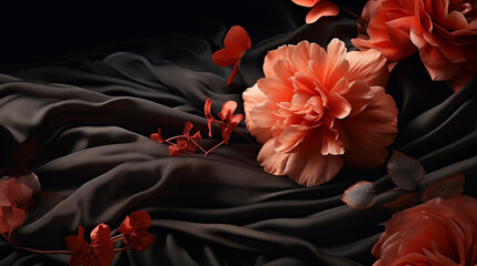 Black silk drapery with flowers. Floral elegant background with fabric and peonies flowers for design.