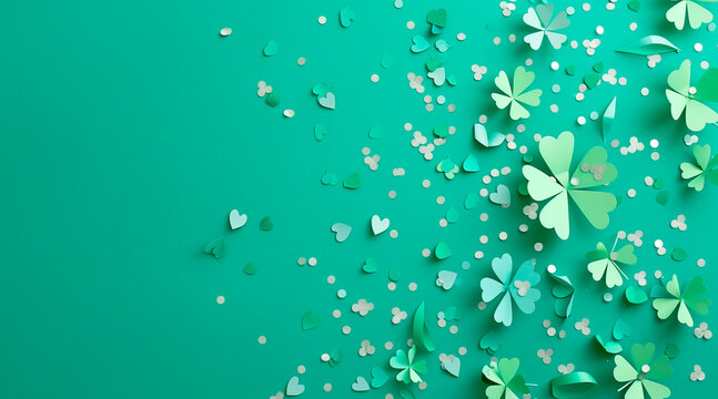 St Patrick's Day four leaf clover paper art on green background with confetti. Top view. Flat lay. copy space for text