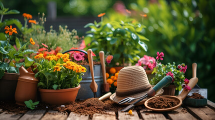 Gardening Tools Plants Flowers Outdoor Equipment Nature Gardener Agriculture Botanical, Generative Ai

