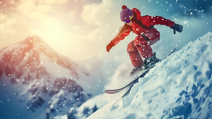 Girl jumping snowboard winter sport extreme adrenaline activity outdoor leisure recreation adventure, Generative Ai

 - obrazy, fototapety, plakaty