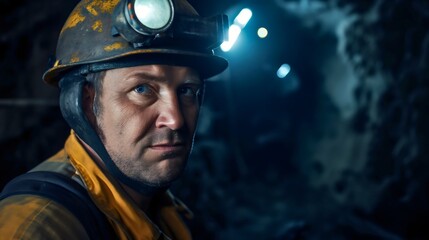 Closeup of a mature middle aged male industry miner wearing a helmet or hardhat with a light or a lamp. Underground tunnel coal mining profession or occupation for a man. Hardworking people career - obrazy, fototapety, plakaty