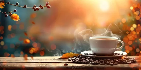 Foto op Plexiglas Steaming cup of coffee and roasted beans on wooden table representation of fresh morning break capturing gourmet espresso or cappuccino with rich aroma and enticing foam ideal for cafe or home setting © Bussakon