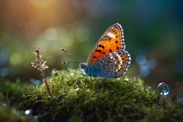 Fototapeta na wymiar Close-up image of a butterfly resting on moss in the forest. Nature photography.