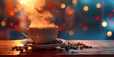 Fototapeten Steaming cup of coffee and roasted beans on wooden table representation of fresh morning break capturing gourmet espresso or cappuccino with rich aroma and enticing foam ideal for cafe or home setting © Bussakon
