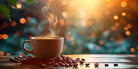 Poster Café Steaming cup of coffee and roasted beans on wooden table representation of fresh morning break capturing gourmet espresso or cappuccino with rich aroma and enticing foam ideal for cafe or home setting