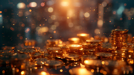 Gold Coins Pile Megapol Urban City Finance Wealth Investment Savings Money Currency Treasure, Generative Ai

