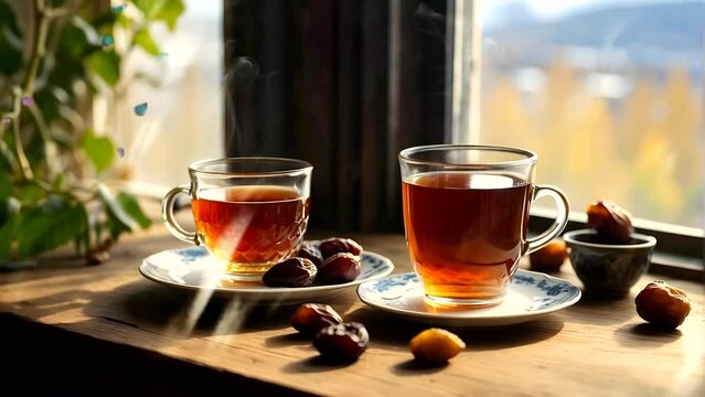 Arabic lanterns and a cup of tea. mosque background