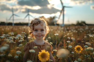 Girl in the meadow with wind turbines in background