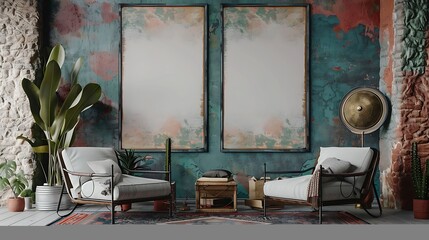 A Mock up poster frame in chic bohemian interior background with eclectic furnishings 3D render