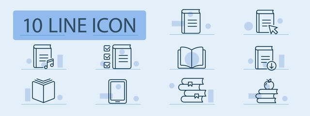 Education set line icon. Educational book, clear explanations, audiobook, e-reader, tablet, apple. Pastel color background. Vector line icon for business and advertising