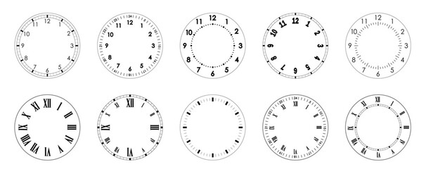 Mechanical clock face template. Circles of clock faces for time. Blank outline of watch. PNG
