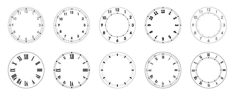 Mechanical clock face template. Circles of clock faces for time. Blank outline of watch. PNG