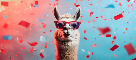 Zelfklevend Fotobehang Lama with sunglasses posing in red and blue and pink party confetti with copy space © Oksana