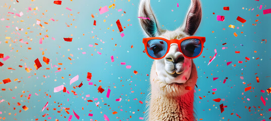 Obraz premium Lama with sunglasses posing in red and blue and pink party confetti with copy space