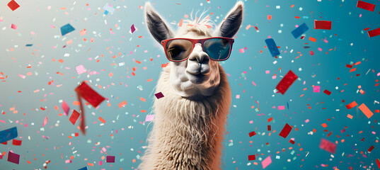 Lama with sunglasses posing in red and blue and pink party confetti with copy space