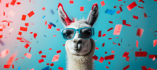 Fototapeta premium Lama with sunglasses posing in red and blue and pink party confetti with copy space