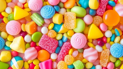 A bright and colorful candy texture background, filled with an assortment of sweets, symbolizing joy and indulgence