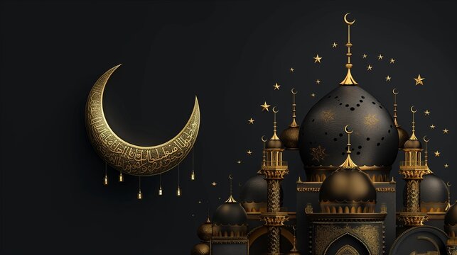 An emaus of golden moon with clouds and moon, on background black, in the style of traditional craftsmanship, hurufiyya, isometric website, dansaekhwa, festive atmosphere.